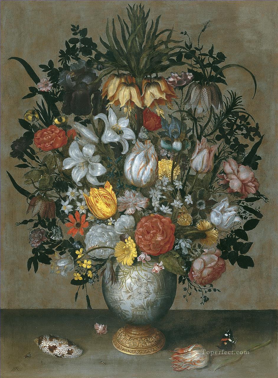 chinese vase with flowers shells and insects Ambrosius Bosschaert Oil Paintings